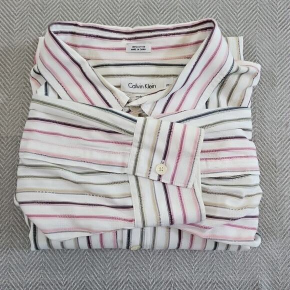 Calvin Klein Shirt Men's XXL Striped Textured Long Sleeve Y2K Boho Modern Fit - Picture 13 of 14